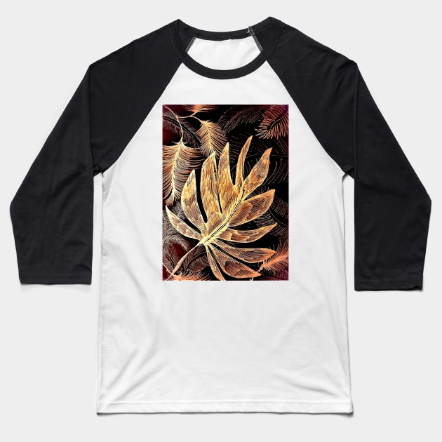 BLACK  GOLD TRICOLOUR TROPICAL LEAVES Baseball T-Shirt by jacquline8689